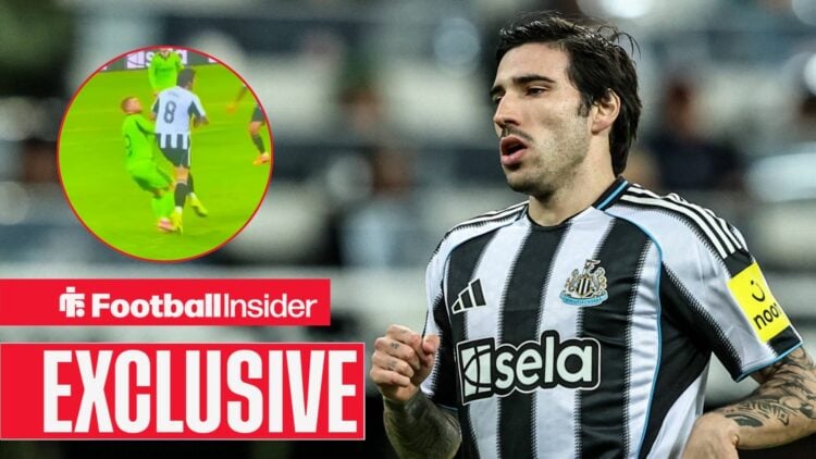 Sandro Tonali playing for Newcastle United, his challenge on Harrison Reed in a circular inset