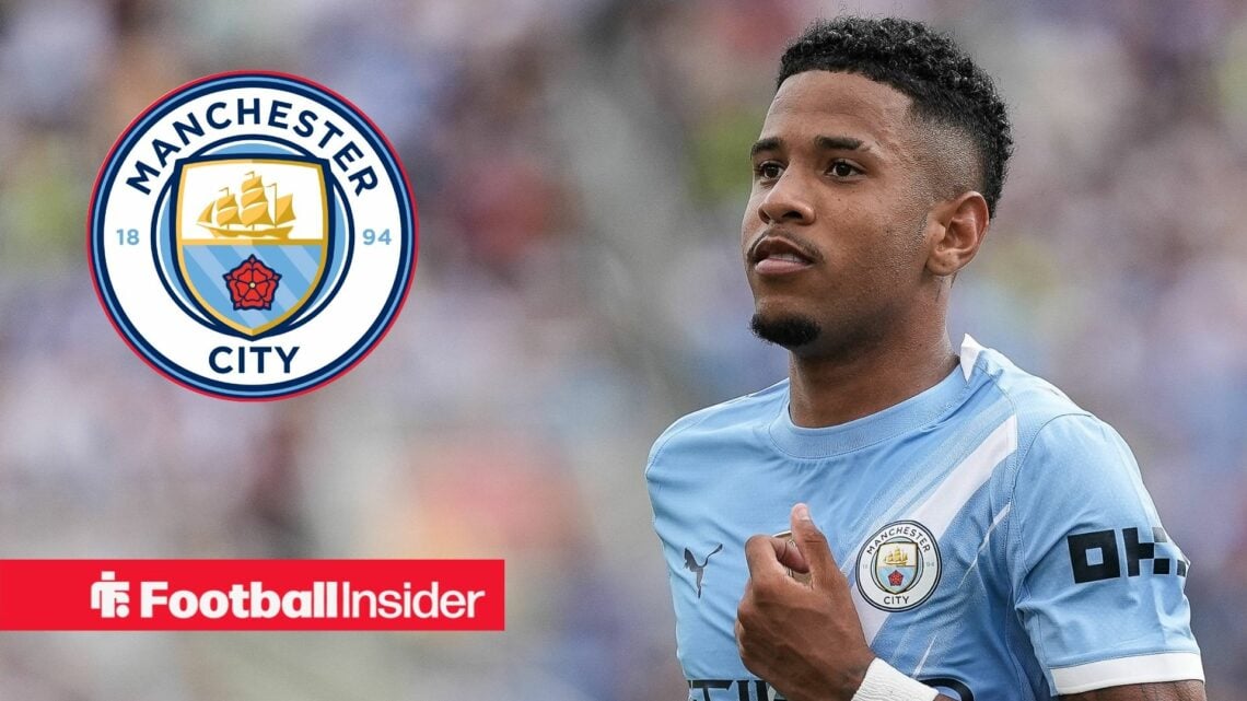 Savinho playing for Man City, Man City badge in a circular inset