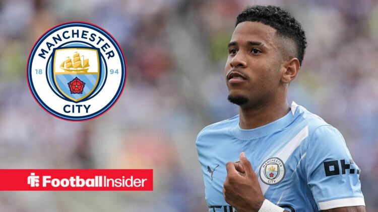 Savinho playing for Man City, Man City badge in a circular inset