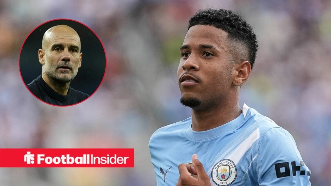 Savinho in action for Man City, with Pep Guardiola in a circular inset