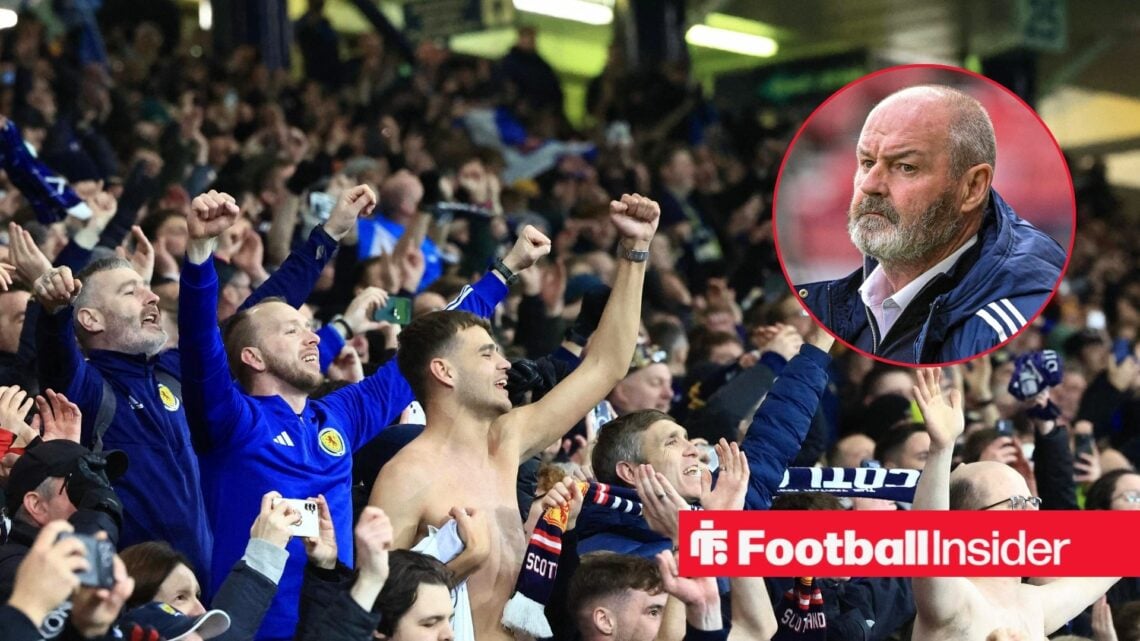 Scotland fans celebrate in the stands as manager Steve Clarke watches on from a circular inset.