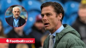 Burnley manager Scott Parker glances towards a circular inset, where chairman Alan Pace watches on.
