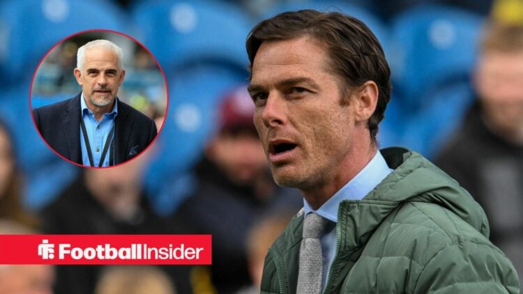 Burnley manager Scott Parker glances towards a circular inset, where chairman Alan Pace watches on.
