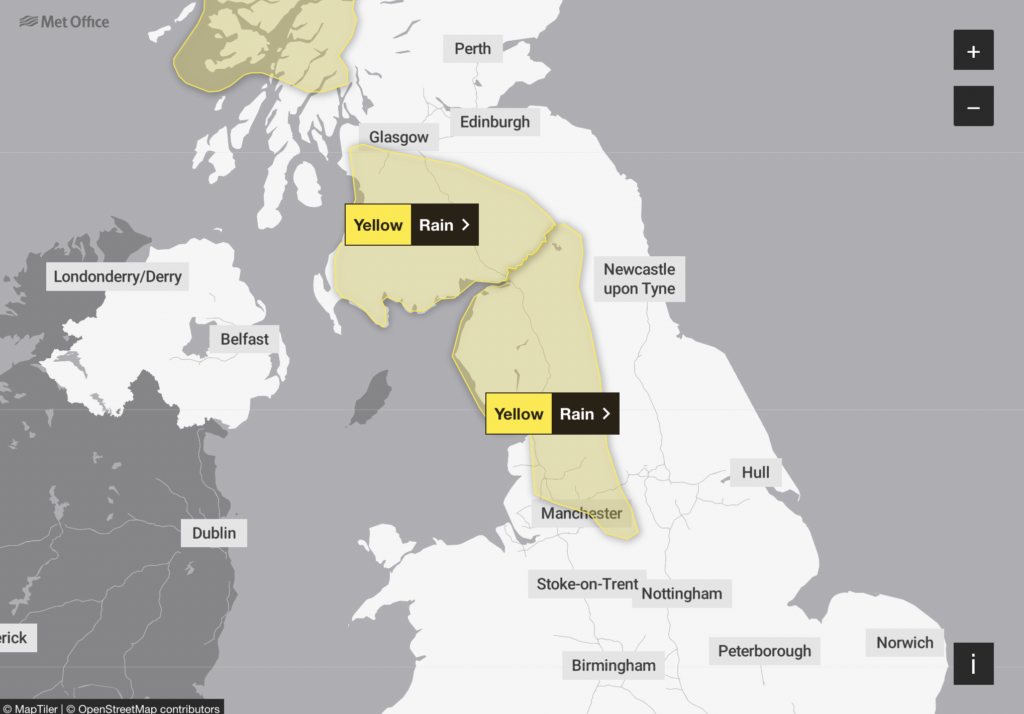 The Met Office's yellow weather warning, issued for this weekend.