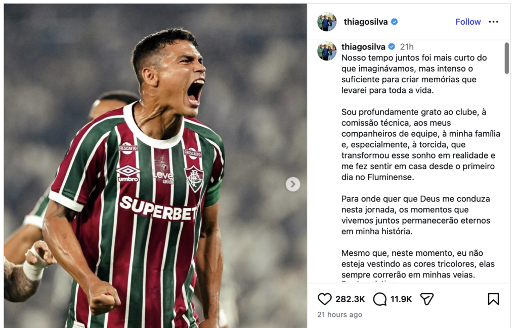 Thiago Silva's Instagram post after leaving Fluminense.