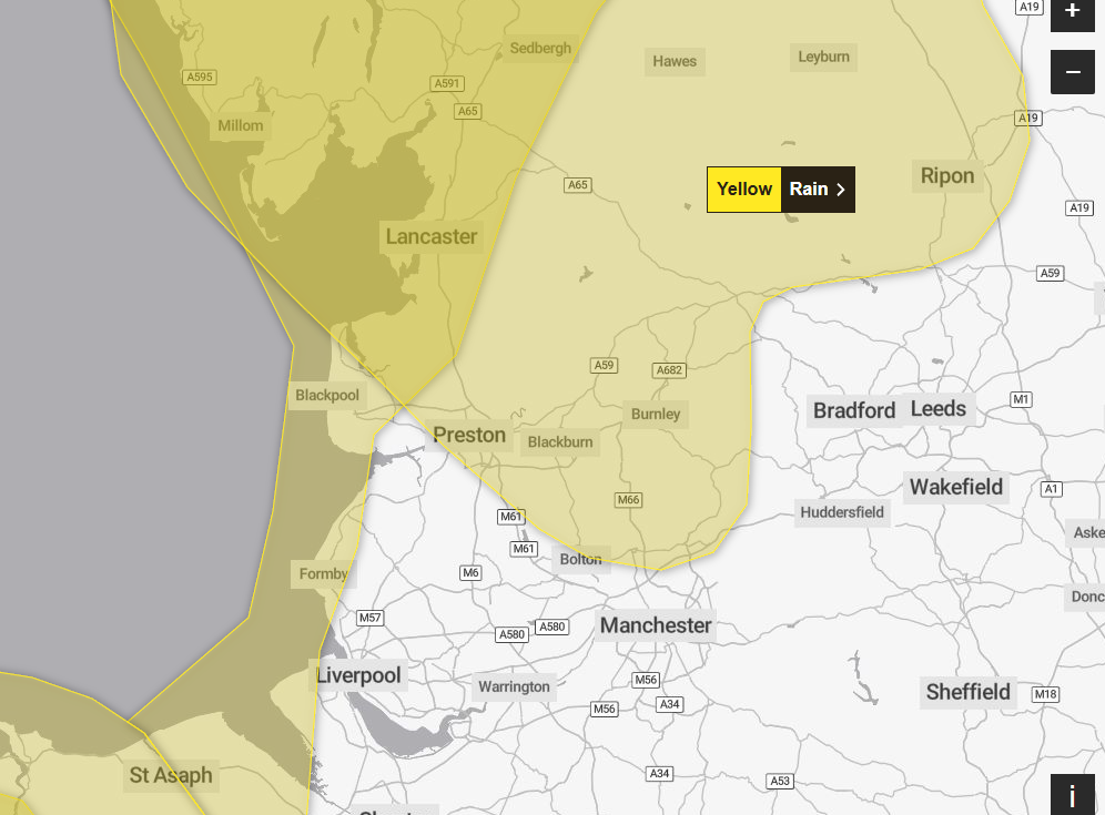 Met Office yellow weather warning for the area surrounding Blackburn