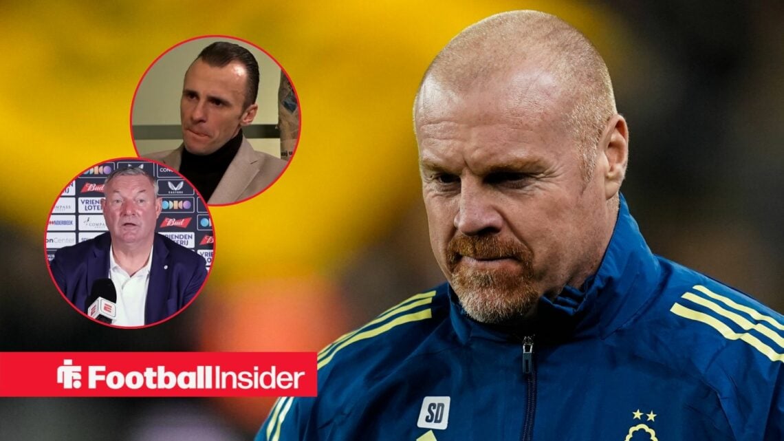 Sean Dyche looking down, Ron Jans and Irfan Peljto in circular insets