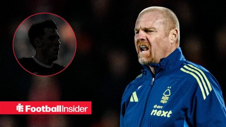 Sean Dyche shouting for Nottingham Forest on the right with Josh Mulligan's silhouette on the left