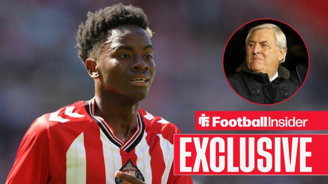 Football Insider exclusive as Simon Adingra is in action during a game for Sunderland, as Keith Hackett watches on from a circular inset.