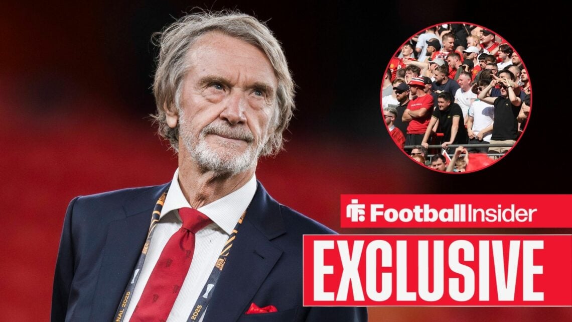 Sir Jim Ratcliffe looking concerned with Man United fans included in a circular inset