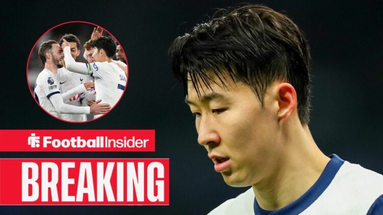 Son Heung-min in a Tottenham shirt, Spurs players grouped in a circular inset