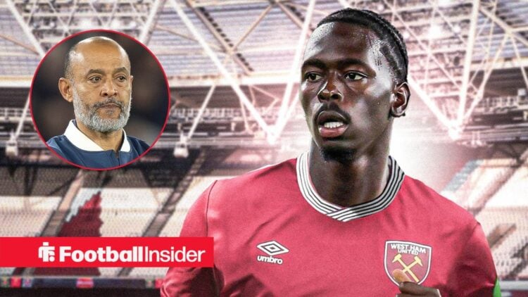 Soungoutou Magassa in action for West Ham, with Nuno Espirito Santo in a circular inset