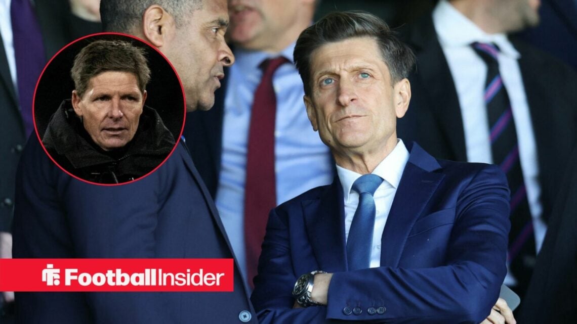 Steve Parish in the stands at Selhurst Park, with Oliver Glasner in a circular inset