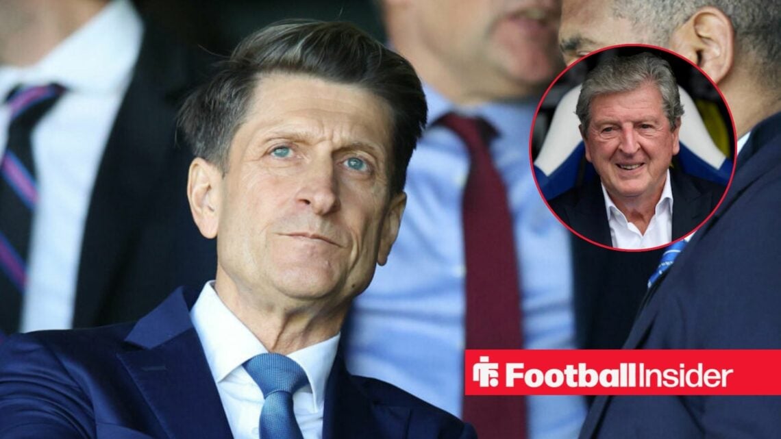 Steve Parish in the stands at Selhurst Park, with Roy Hodgson in a circular inset