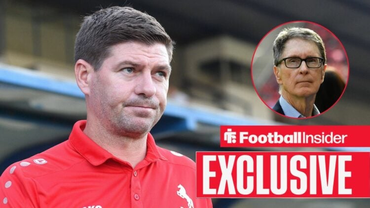 Football Insider exclusive as Steven Gerrard glances towards a circular inset, which features Liverpool owner John W. Henry.