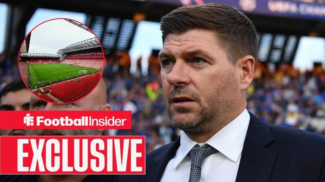 Football Insider exclusive as Steven Gerrard stares towards Anfield, which features in a circular inset.
