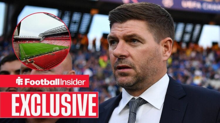 Football Insider exclusive as Steven Gerrard stares towards Anfield, which features in a circular inset.
