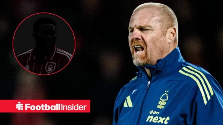 Taiwo Awoniyi's silhouette on the left with Sean Dyche shouting on the right