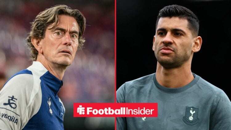 Thomas Frank on the sidelines at Tottenham, with Cristian Romero in action