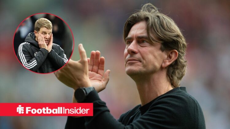 Tottenham manager Thomas Frank applauds as Newcastle boss Eddie Howe has his hands on his head in a circular inset.