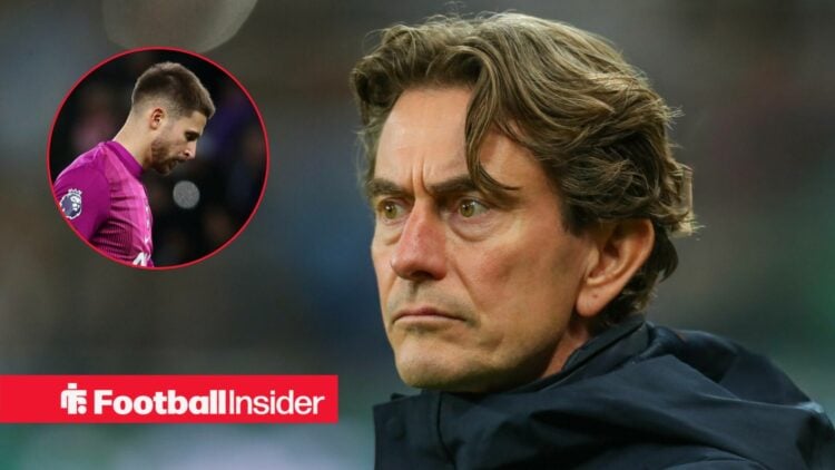 Tottenham manager Thomas Frank stares angrily towards a circular inset, where goalkeeper Guglielo Vicario glances at the floor during a game.