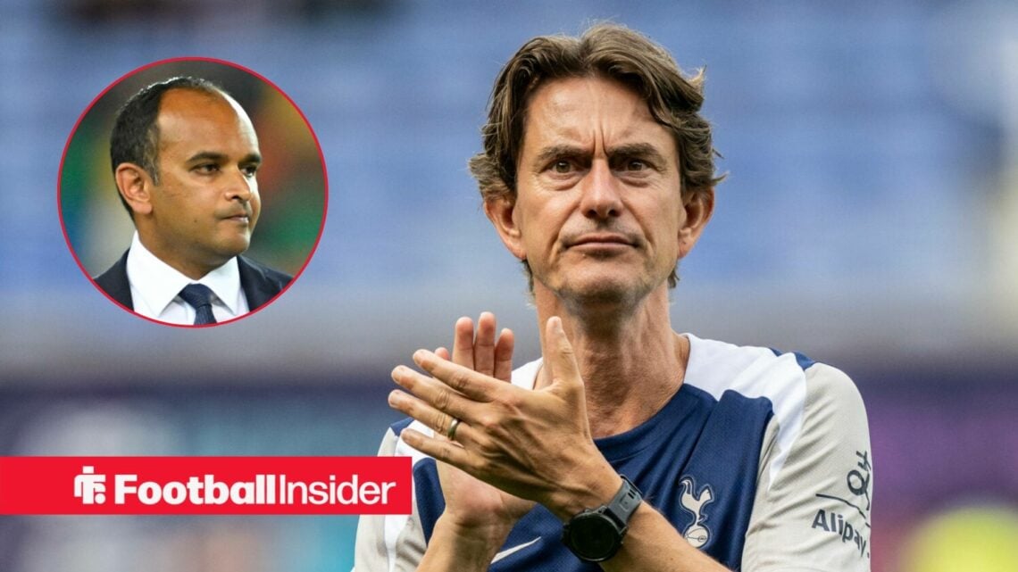 Thomas Frank looking frustrated at Tottenham, with Vinai in a circular inset