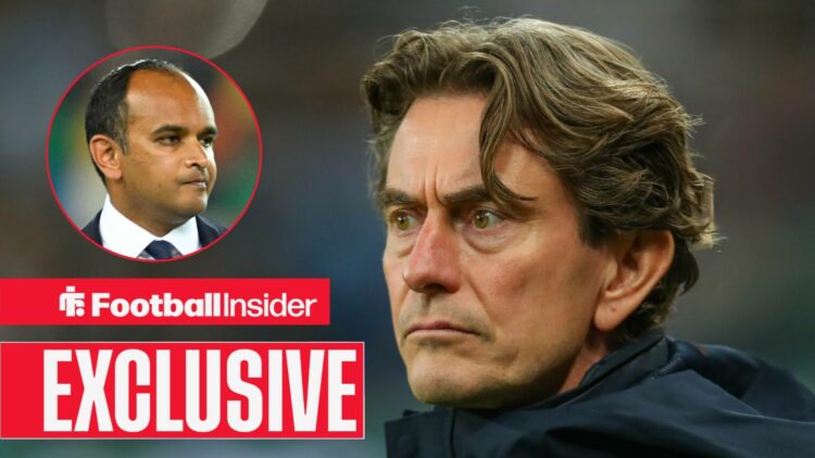 Football Insider exclusive as Tottenham manager Thomas Frank stares towards a circular inset, where chief executive Vinai Venkatesham watches on.