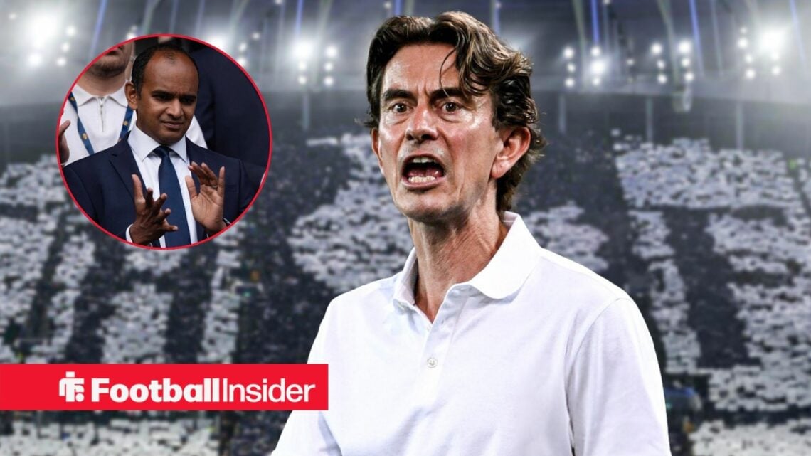 Thomas Frank at the Tottenham Hotspur Stadium with Vinai Venkatesham included in a circular inset