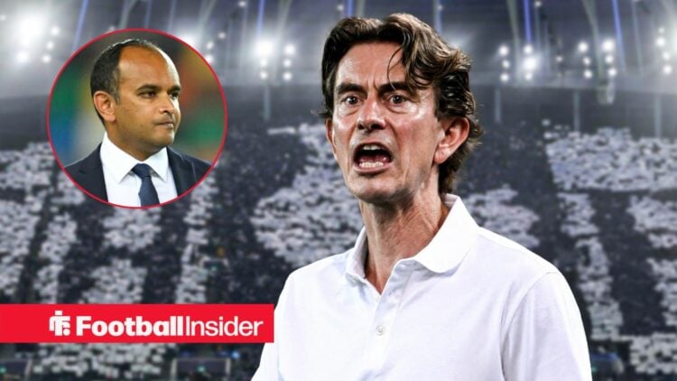 Thomas Frank at the Tottenham Hotspur Stadium with Vinai Venkatesham included in a circular inset