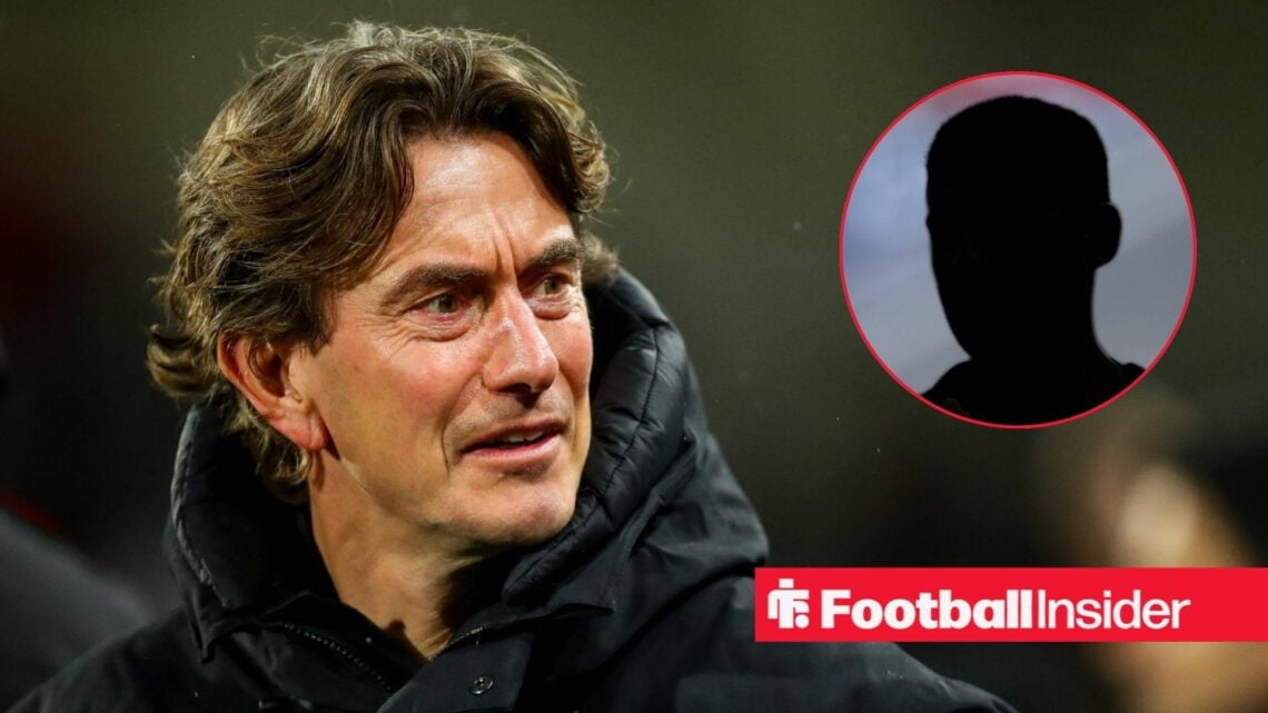 Thomas Frank looking serious on the left for Tottenham with Cristian Romero's silhouette on the right