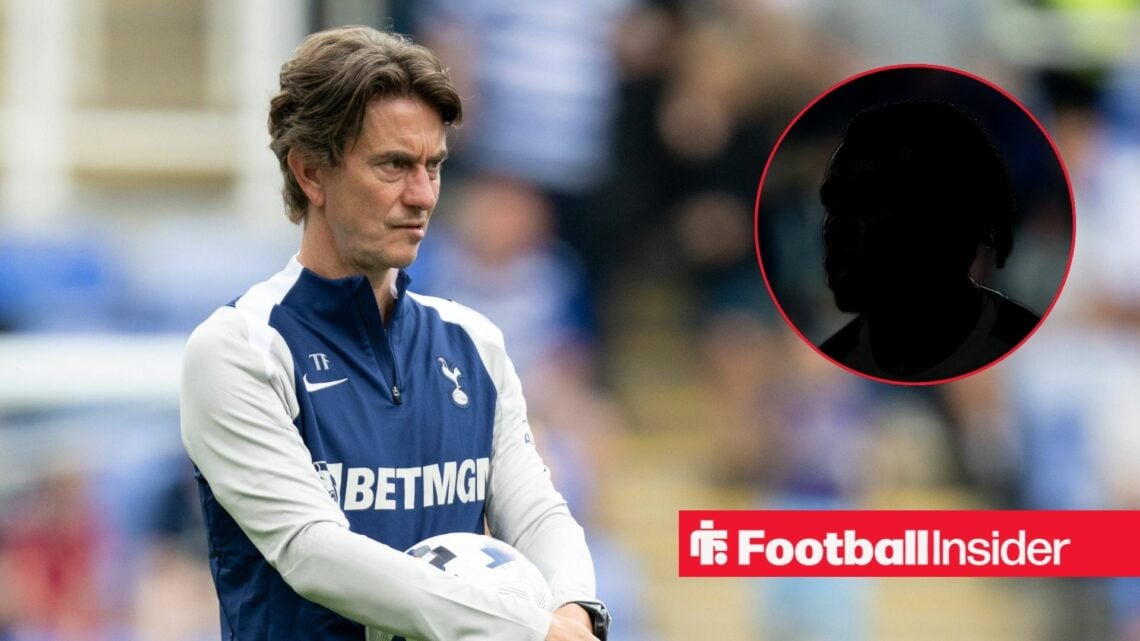 Thomas Frank looking serious for Tottenham on the left with Destiny Udogie's silhouette on the right