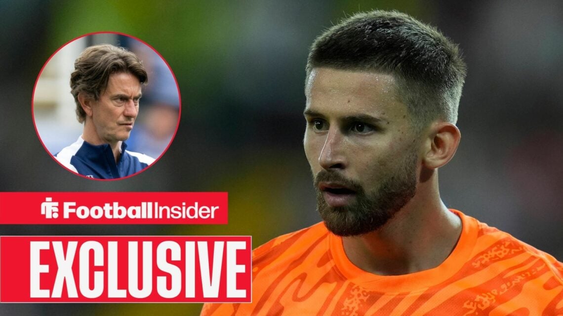 Thomas Frank looking concerned on the left with Guglielmo Vicario looking focused on the right for Tottenham