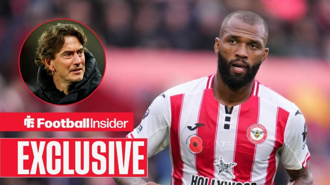 Thomas Frank looking focused for Tottenham with Igor Thiago looking focused on the right for Brentford