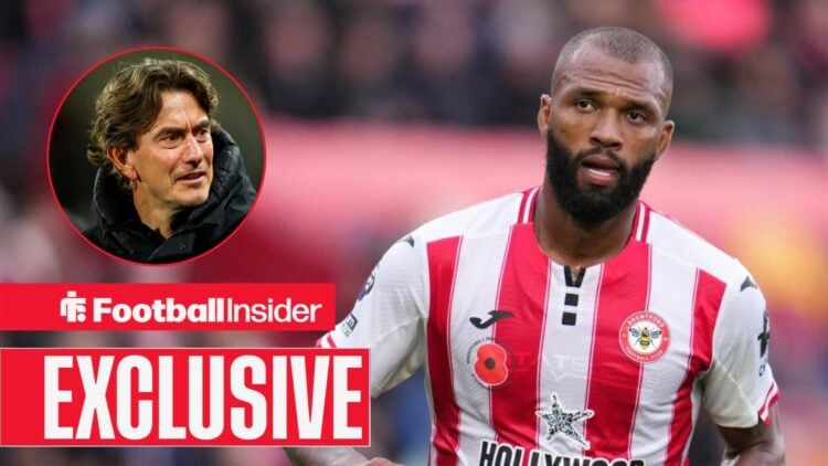 Thomas Frank looking focused for Tottenham with Igor Thiago looking focused on the right for Brentford