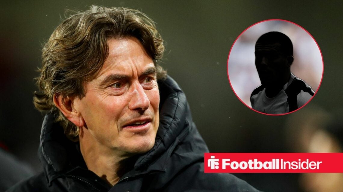 Thomas Frank looking focused on the left with Pedro Porro's silhouette on the right