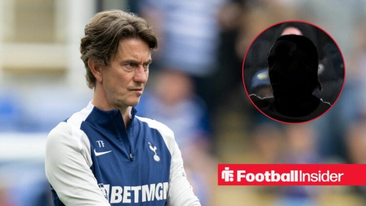 Thomas Frank looking serious on the left for Tottenham with Wilson Odobert's silhouette on the right