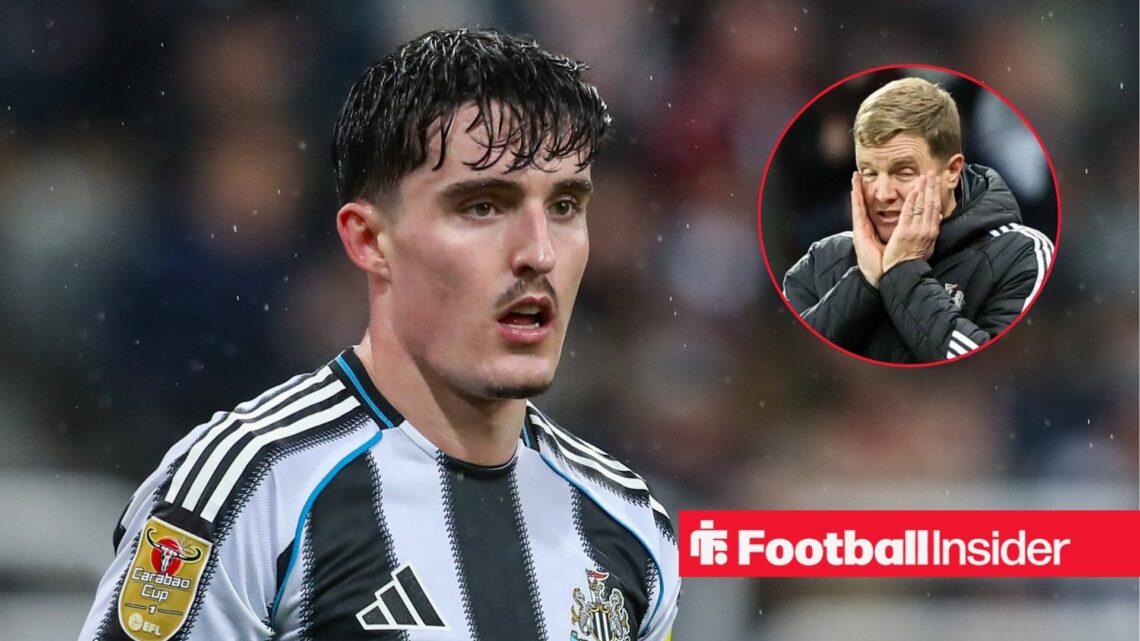 Tino Livramento in action for Newcastle, with Eddie Howe in a circular inset