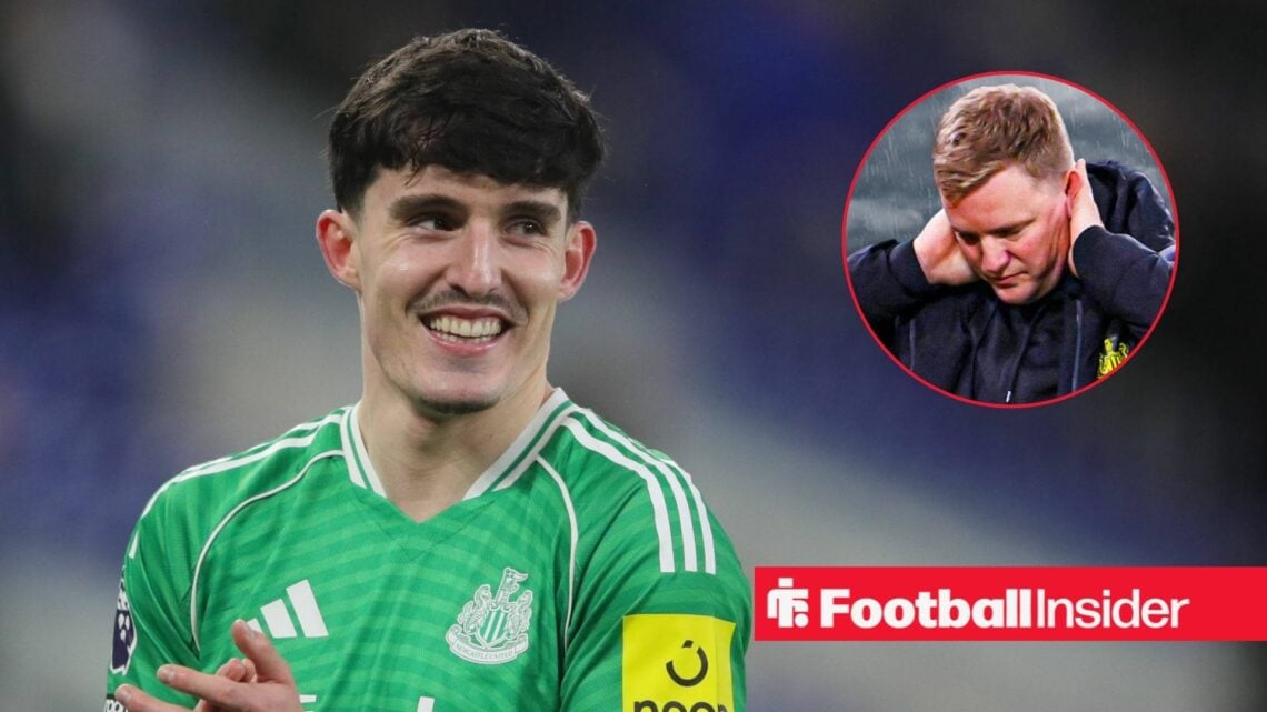 Tino Livramento applauding at Newcastle, with Eddie Howe in a circular inset