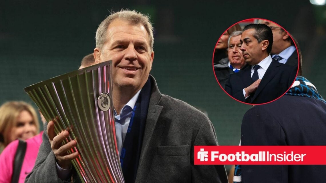 Todd Boehly with the Conference League trophy with Behdad Eghbali included in a circular inset