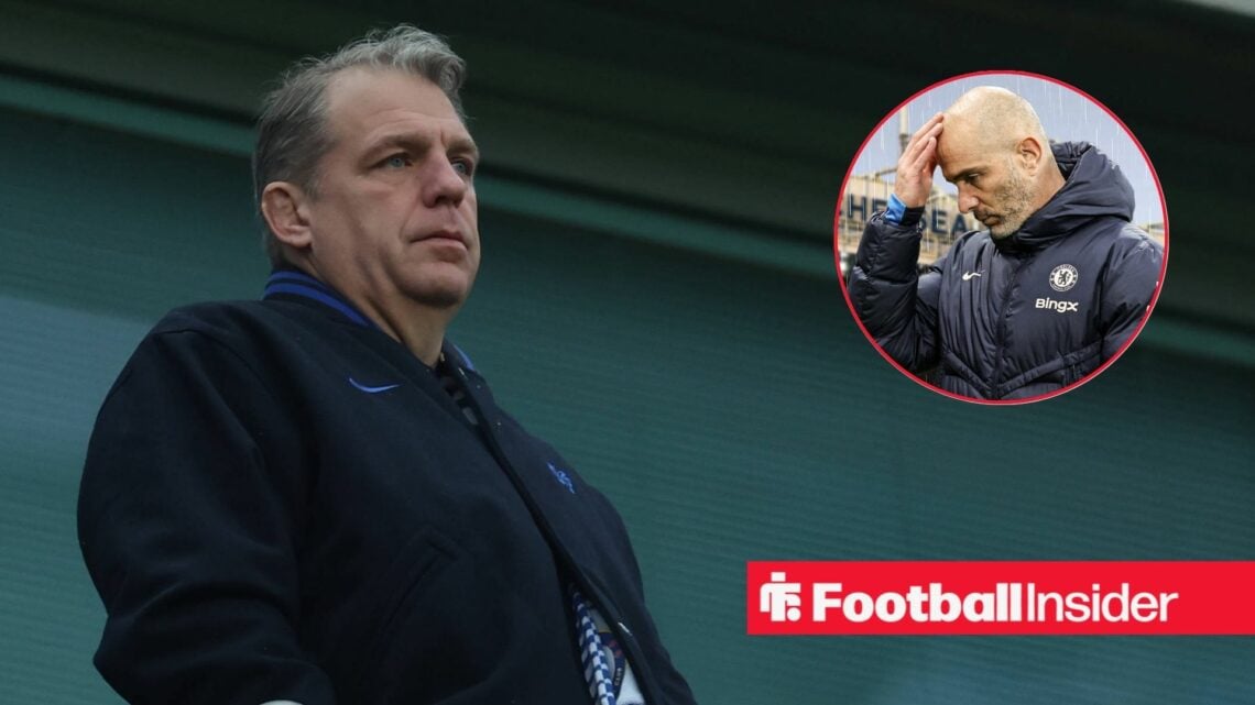 Todd Boehly watching on, Enzo Maresca in a circular inset