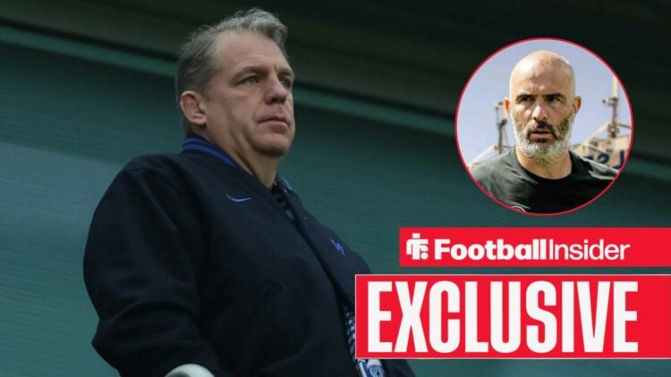 Football Insider exclusive as Chelsea owner Todd Boehly stares towards manager Enzo Maresca, who features in a circular inset.