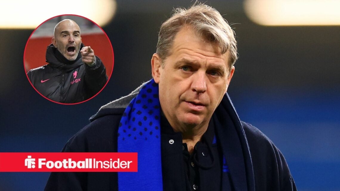 Todd Boehly looking upset with Enzo Maresca included in a circular inset