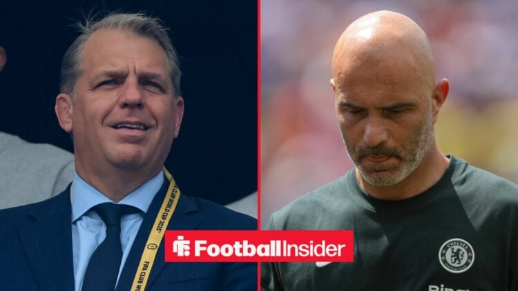 Todd Boehly looking surprised alongside Enzo Maresca looking upset