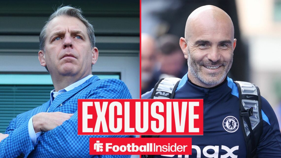 Todd Boehly with his arms folded alongside Enzo Maresca looking happy