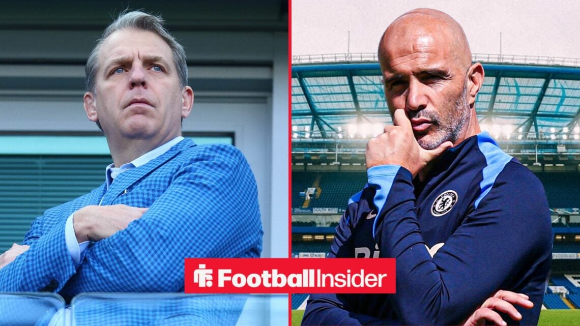 Todd Boehly with his arms folded alongside Enzo Maresca with his hand on his chin