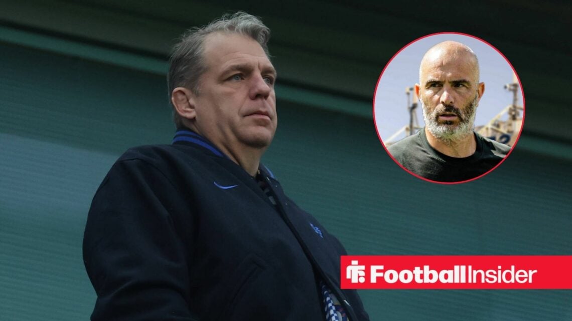 Todd Boehly at Stamford Bridge with Enzo Maresca included in a circular inset