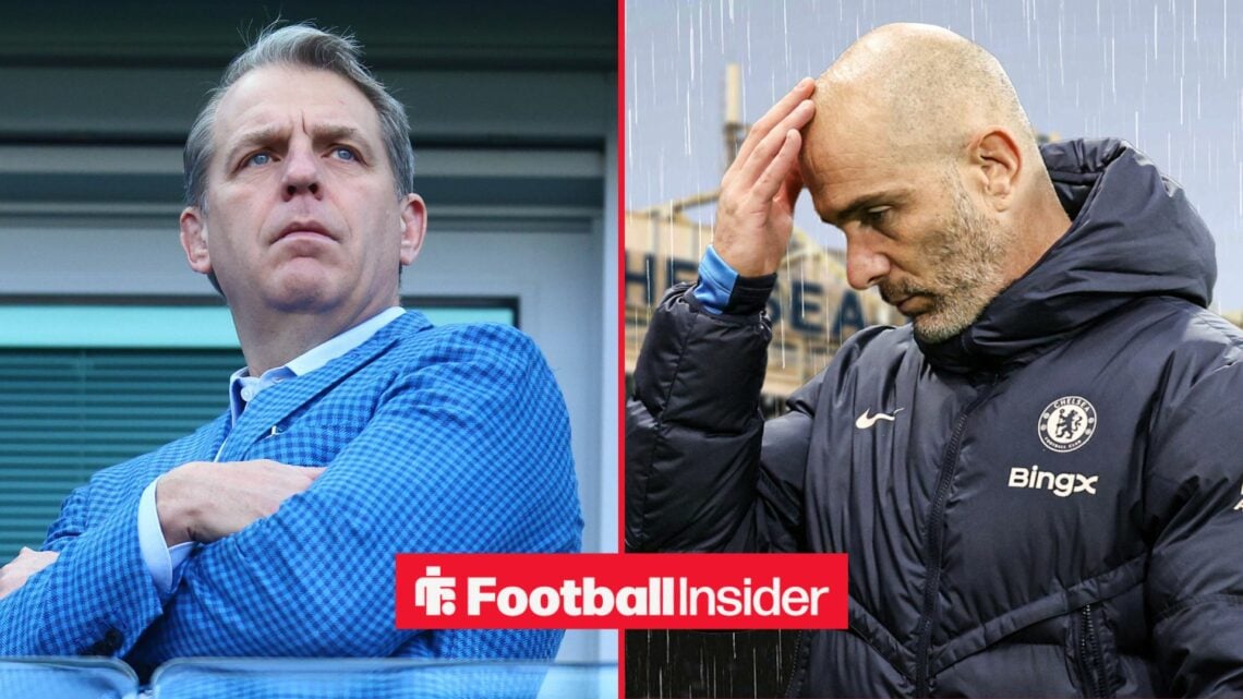 Todd Boehly with his arms folded alongside Enzo Maresca with his hand on his head