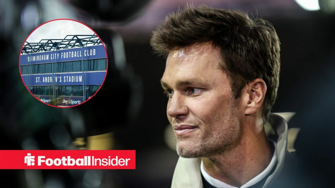 NFL legend Tom Brady glances towards a circular inset, which features Birmingham City's St Andrew's home.