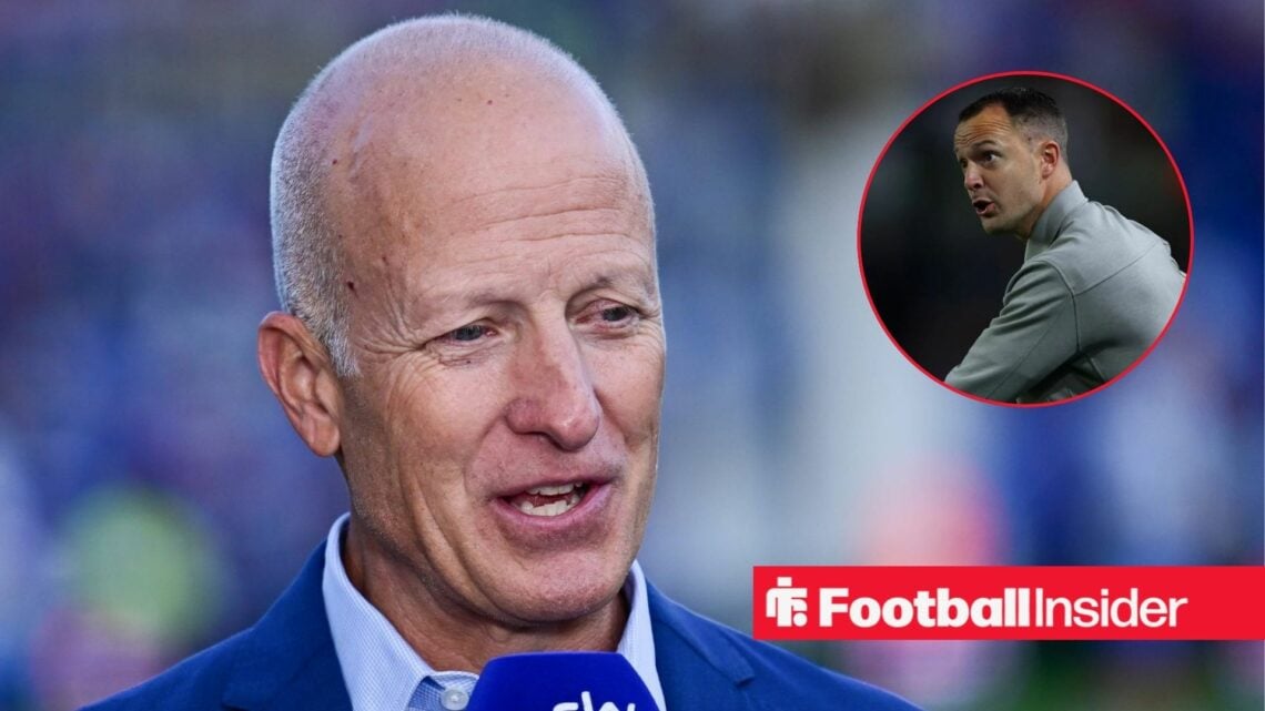Birmingham City chairman Tom Wagner speaks during an interview, as manager Chris Davies watches from a circular inset.