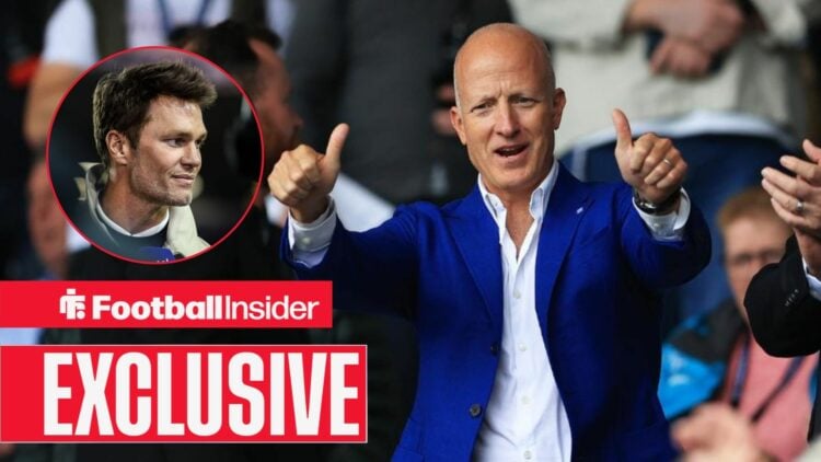 Football Insider exclusive as Birmingham City chairman Tom Wagner puts his thumbs up in the stands, as Tom Brady watches from a circular inset.